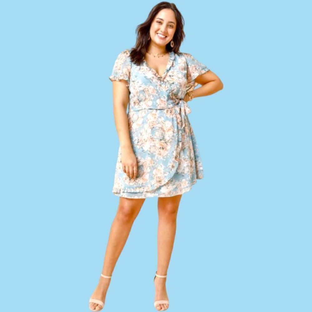 FRANCESCA'S Harper Women's Floral Ruffle Wrap Mini Dress.